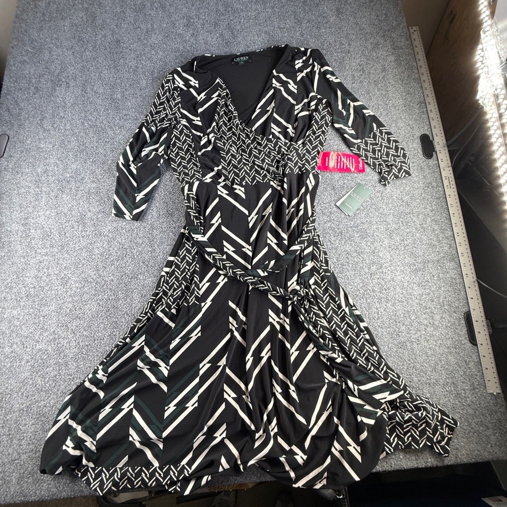 Lauren Ralph Lauren Geometric Faux Wrap Dress Black Cream Green Size 16 NWT